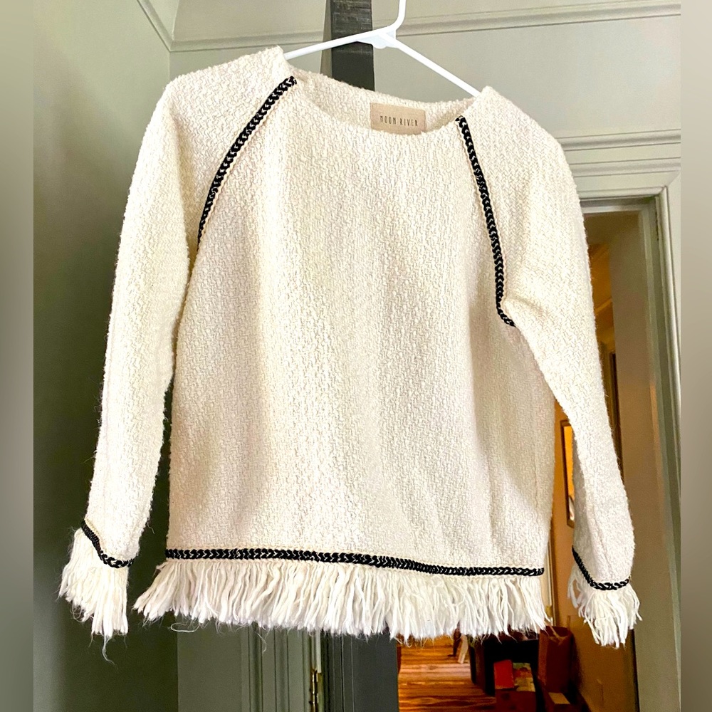 Moon River blouse with fringe trim at hem and cuffs. Size XS great condition